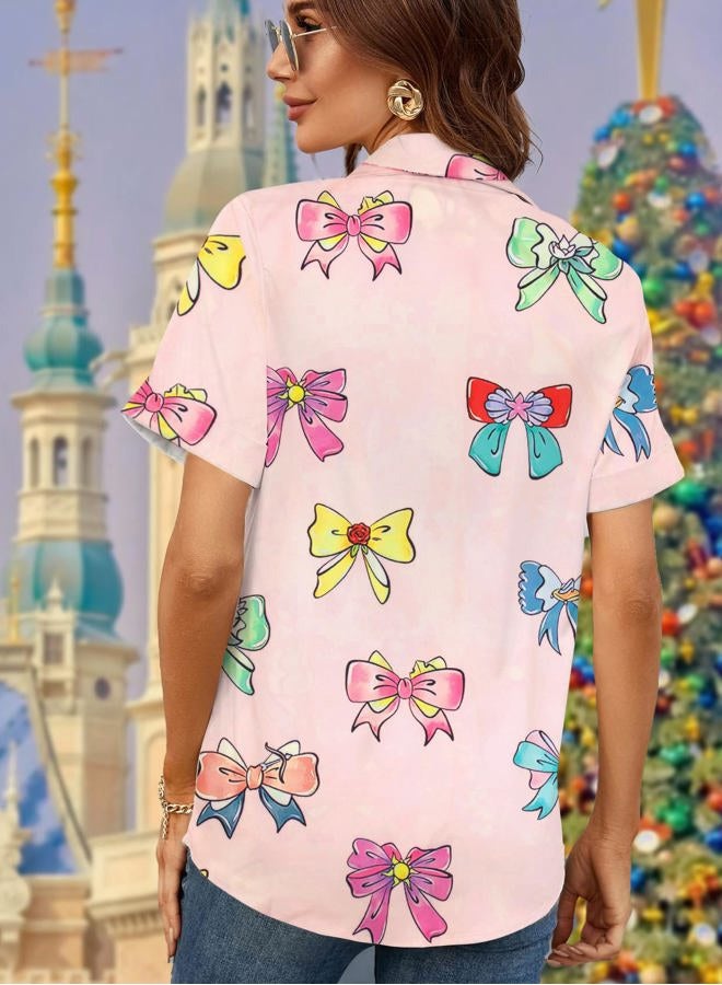 MAXIMGR Magic Kingdom Shirts for Women Bow Shirt Coquette Aesthetic Tshirt Hawaiian Vacation Blouses Cute Princess Button Up Top, Pink, XL - Image 4