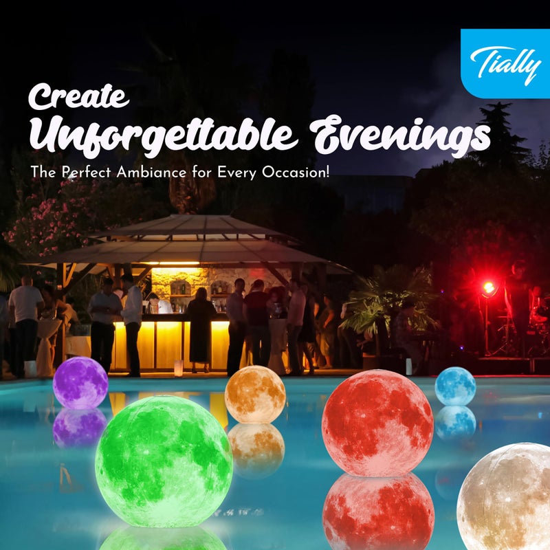 TIALLY Floating Pool Lights Solar Powered - 16" Full Moon Inflatable Light Up Pool Balls, Solar Globes That Float for Outdoor Decor, Glow in The Dark Party Decorations - Great Holiday Gifts (2 Pack) - Image 2