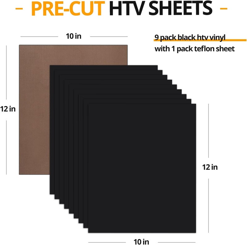 HTVRONT Black Heat Transfer Vinyl Bundle - 10 Pack 12" x 10" HTV Vinyl for T-Shirt, Black Iron on Vinyl for All Cutting Machine or Heat Press Machine - Image 2