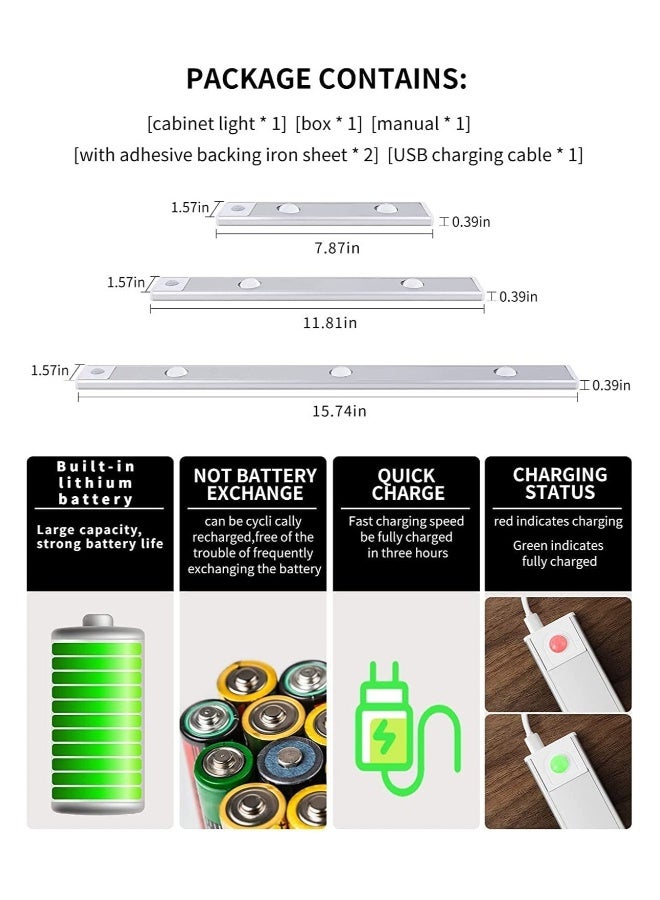 إضاءة تحت الخزائن LED لاسلكية مع مستشعر حركة، قابلة للشحن عبر USB، ضوء ليلي للمطبخ والخزانة والسلم، بطول 15.75 إنش، أسود - Image 4