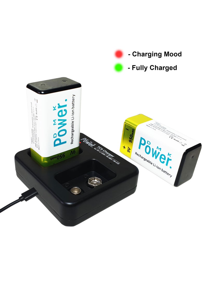 DMK Power - DMK Power 9V (950mAh) Rechargeable Li-ion Batteries 2pcs, Low Self-Discharge Square Battery Compatible with Smoke Alarm/Detector, - Image 1