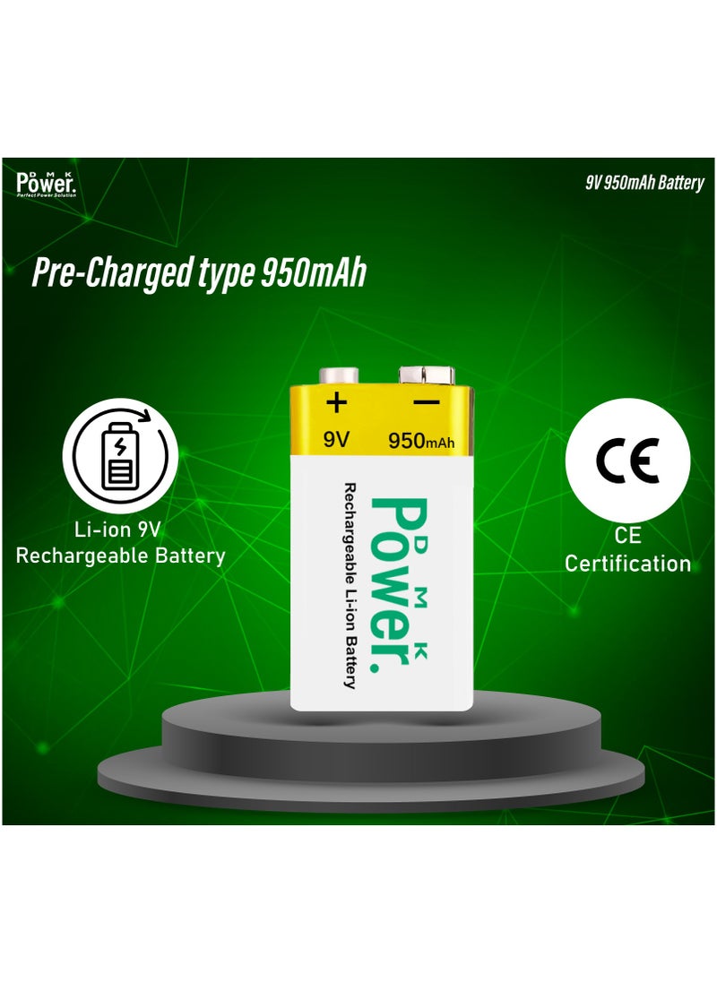 DMK Power - DMK Power 9V (950mAh) Rechargeable Li-ion Batteries 2pcs, Low Self-Discharge Square Battery Compatible with Smoke Alarm/Detector, - Image 1