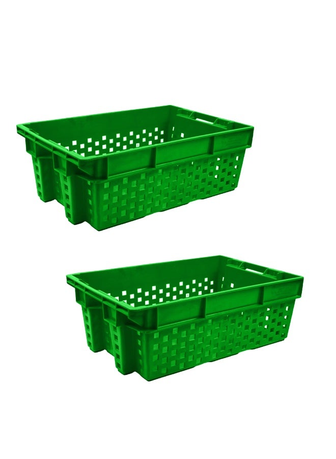 Ethic Solutions 2pcs Plastic Storage Vegetable Crate Box 580×380×220 mm 49L Stackable Heavy Duty Reinforced Walls Anti-Slip Base - Green