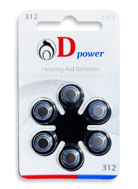 Hearing Aid Batteries D Power Size 312 - 1.45volt - 6 Pack , made in Germany
