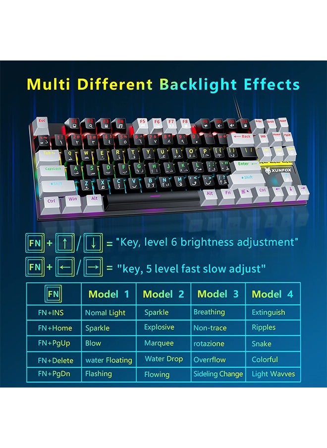 XUNFOX - 87 Keys Wired Gaming Keyboard,Mechanical Keyboard English Arabic Gaming Keyboard with RGB LED Different Backlight Effects for iOS, Android, Windows and Mac - Image 1
