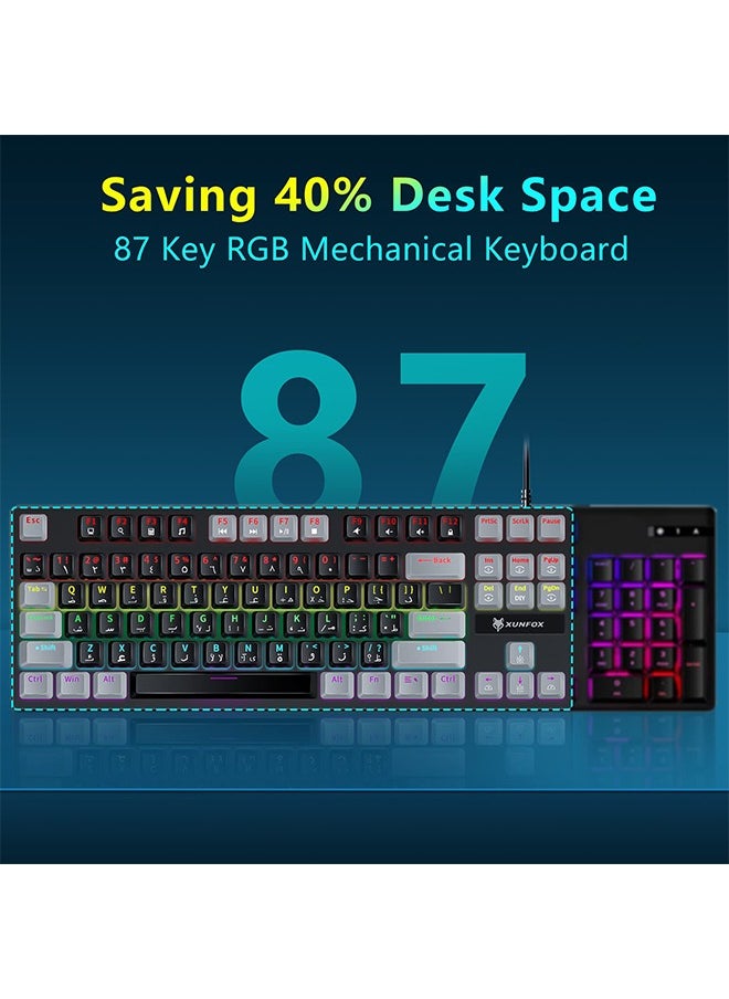 XUNFOX - 87 Keys Wired Gaming Keyboard,Mechanical Keyboard English Arabic Gaming Keyboard with RGB LED Different Backlight Effects for iOS, Android, Windows and Mac - Image 1