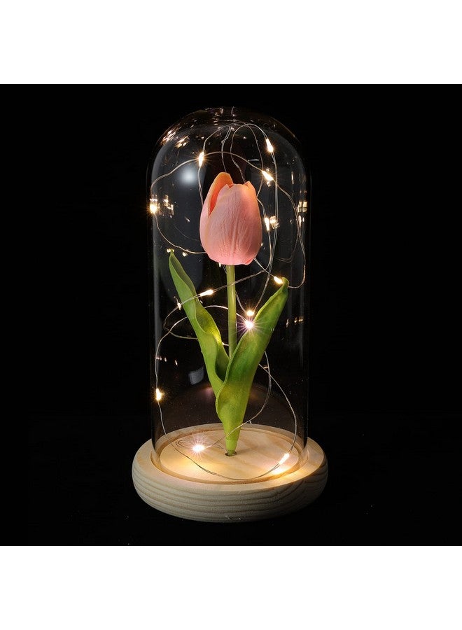 Uonlytech Uonlytech Table Top Decor Forever Tulips Pink Tulip Lamp Tulip in Glass Dome for Women Birthday Christmas Day Wedding Desk Topper  - Image 1