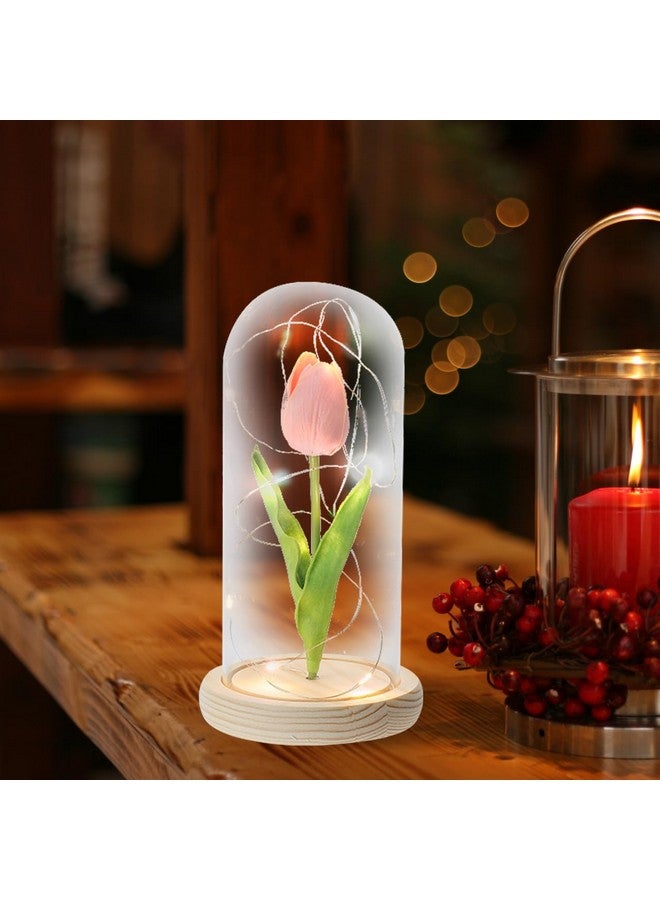 Uonlytech Uonlytech Table Top Decor Forever Tulips Pink Tulip Lamp Tulip in Glass Dome for Women Birthday Christmas Day Wedding Desk Topper  - Image 3