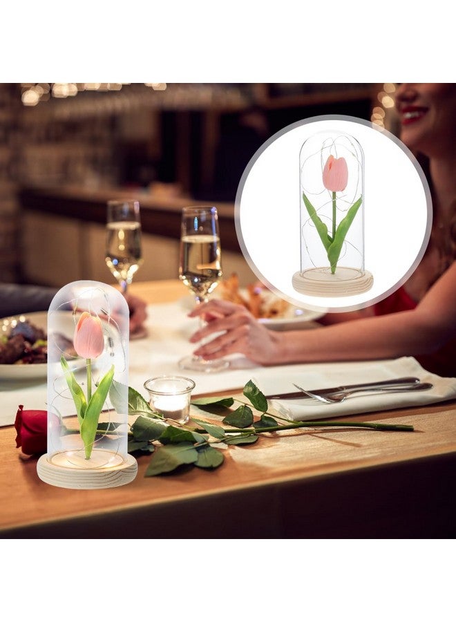 Uonlytech Uonlytech Table Top Decor Forever Tulips Pink Tulip Lamp Tulip in Glass Dome for Women Birthday Christmas Day Wedding Desk Topper  - Image 5