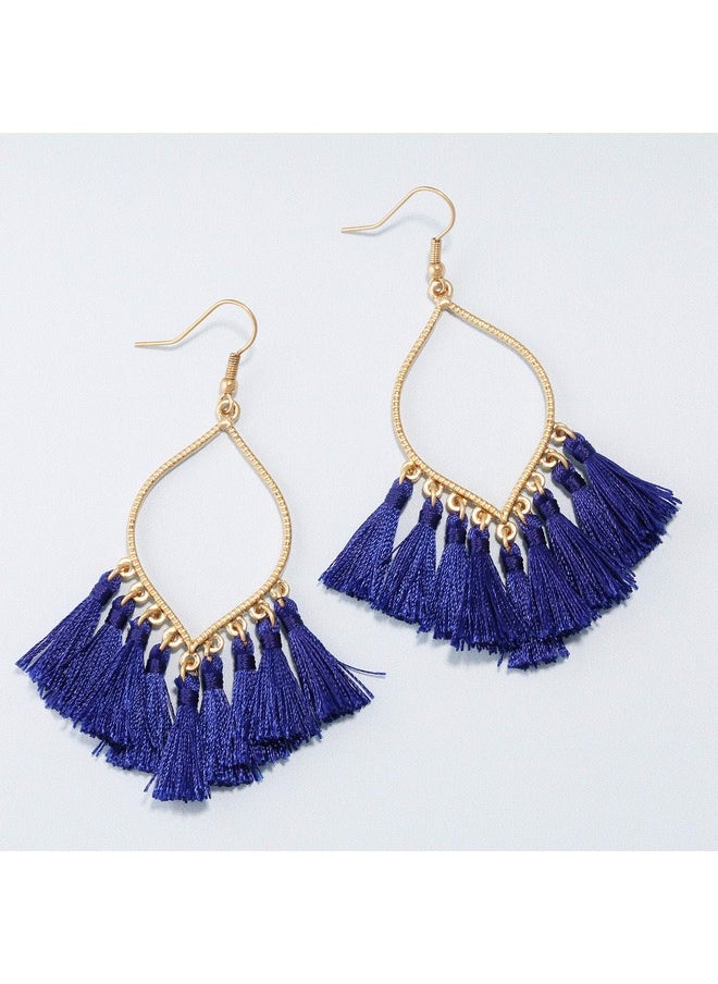 BONALUNA Boho Rhombus Metal Frame With Tassels Dangle Drop Earrings For Women  - Image 5