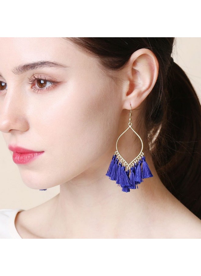 BONALUNA Boho Rhombus Metal Frame With Tassels Dangle Drop Earrings For Women  - Image 2