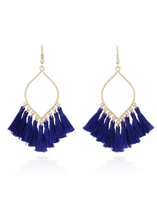 BONALUNA Boho Rhombus Metal Frame With Tassels Dangle Drop Earrings For Women  - Image 1