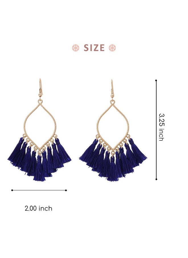 BONALUNA Boho Rhombus Metal Frame With Tassels Dangle Drop Earrings For Women  - Image 4