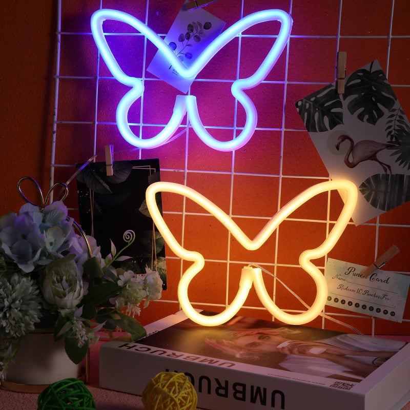 Riakrum 2 Pcs Butterfly Neon Signs LED Light 3AA Battery Powered USB Operated Wall Neon Light Decor Butterfly Wall Art for Christmas Home Bedroom Birthday Party DecorBlue Warm White