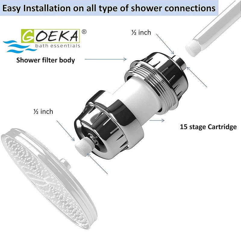 GOEKA shower and tap filter for hard water with 15 stage Water Softener for Bathroom Hard Water Filter Use To Remove Chlorine Reduces Dandruff Hair Fall Dry Itchy Skin Chrome ABSPack of 1 - Image 4