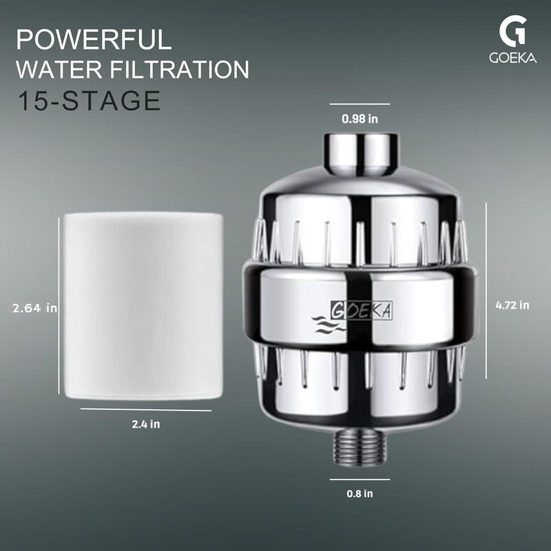 GOEKA shower and tap filter for hard water with 15 stage Water Softener for Bathroom Hard Water Filter Use To Remove Chlorine Reduces Dandruff Hair Fall Dry Itchy Skin Chrome ABSPack of 1 - Image 3