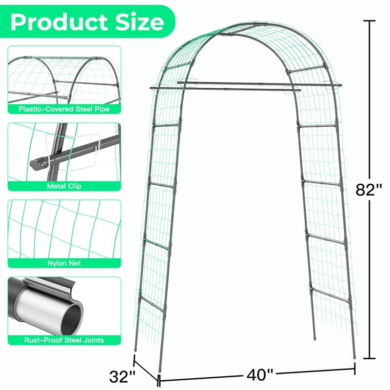 Aohanoi Garden Arch Trellis for Climbing Plants, 82 Inch Tall Grape Trellies for Outdoor,Flower Vegetable Tomato Cucumber Trellis with Clamp Netting, Metal Vine Plants Support for Wedding Garden Decoration - Image 3