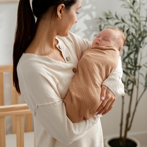 Comfy Cubs Muslin Swaddle Blankets Pack of 3 42 x 42 Inch Soft 100 Cotton Baby Blanket Set Large Wraps for Newborns SelfSoothing Swaddles for Newborns Sand Cedar Caramel - Image 3