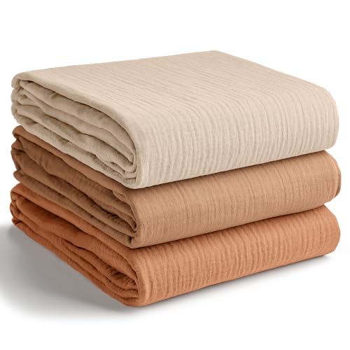 Comfy Cubs Muslin Swaddle Blankets Pack of 3 42 x 42 Inch Soft 100 Cotton Baby Blanket Set Large Wraps for Newborns SelfSoothing Swaddles for Newborns Sand Cedar Caramel - Image 1