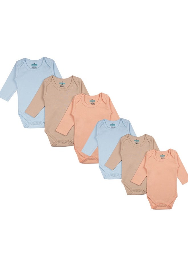 Babies Basic 100% Super Combed Cotton, Long Sleeves Romper/Bodysuit, For New Born To 24Months, Set Of 6 - Blue, Orange, Brown  - Image 1