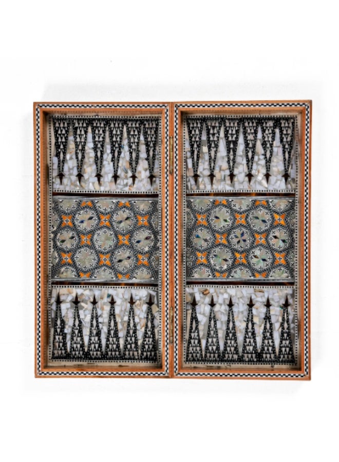 Handmade Backgammon & Chess Wooden Folding Board Inlaid with Mosaic Shell & Colorful Arabesque, Brown & White - Size 40x40 cm - Image 2