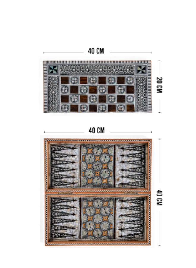 Handmade Backgammon & Chess Wooden Folding Board Inlaid with Mosaic Shell & Colorful Arabesque, Brown & White - Size 40x40 cm - Image 5