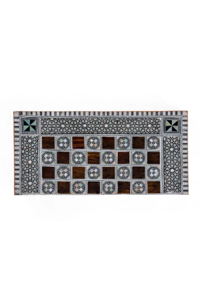 Handmade Backgammon & Chess Wooden Folding Board Inlaid with Mosaic Shell & Colorful Arabesque, Brown & White - Size 40x40 cm - Image 3