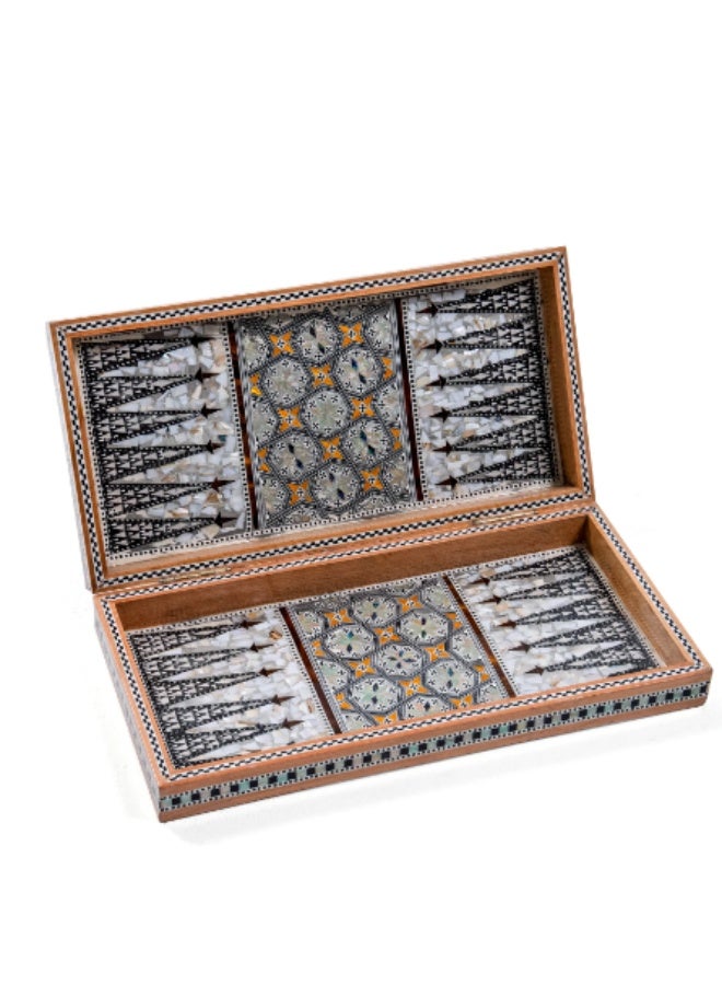 Handmade Backgammon & Chess Wooden Folding Board Inlaid with Mosaic Shell & Colorful Arabesque, Brown & White - Size 40x40 cm - Image 1