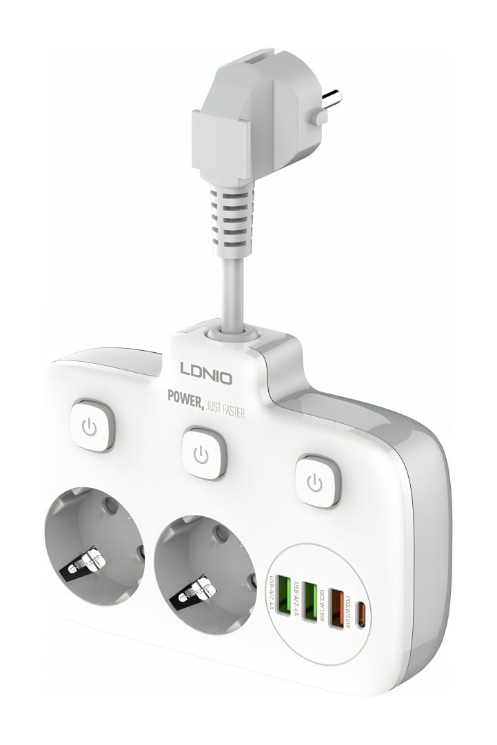 لدنيو شريط طاقة برجي من Ldnio SE2435 EU مزود بمقبس كهربائي حائطي بمنفذين PD 20 وات وUSB، بقوة 2500 وات - أبيض - Image 1