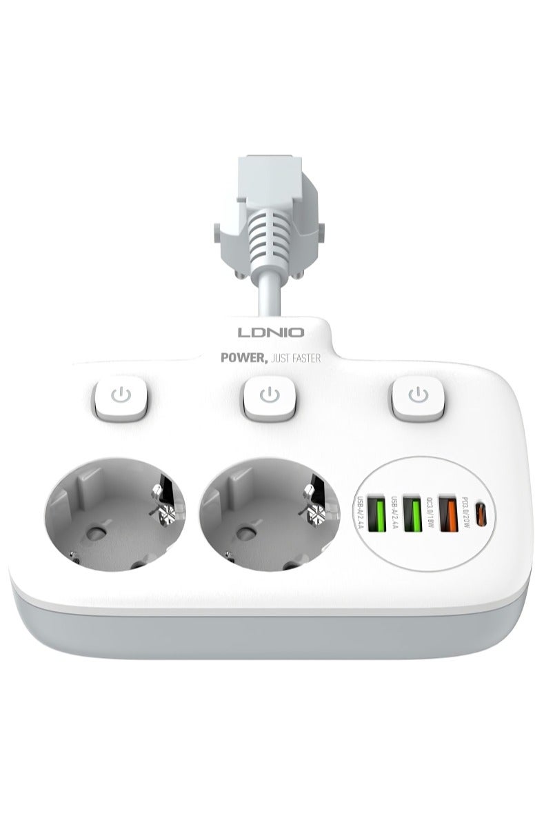 لدنيو شريط طاقة برجي من Ldnio SE2435 EU مزود بمقبس كهربائي حائطي بمنفذين PD 20 وات وUSB، بقوة 2500 وات - أبيض - Image 3