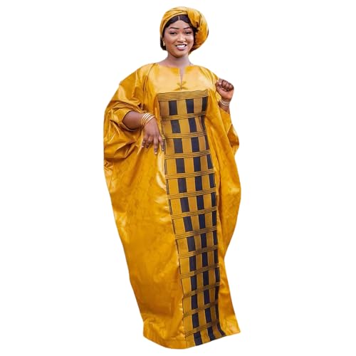 HD African Lightbrown Bazin Dress Traditional Embroidery Boubou Caftan Gown For Woman with Heard Wrap - Image 1