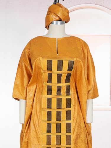 HD African Lightbrown Bazin Dress Traditional Embroidery Boubou Caftan Gown For Woman with Heard Wrap - Image 3