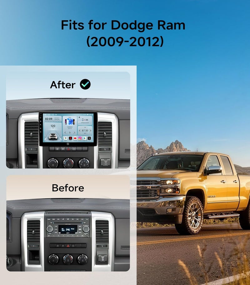 AINAVIGO 10.2inch Car Stereo Radio for Dodge Ram 1500 2500 3500 2009 2010 2011 2012 with Wireless carplay/Android auto/Touchscreen/Android13/FM/AMGPS Navigation/HD Backup Camera - Image 2