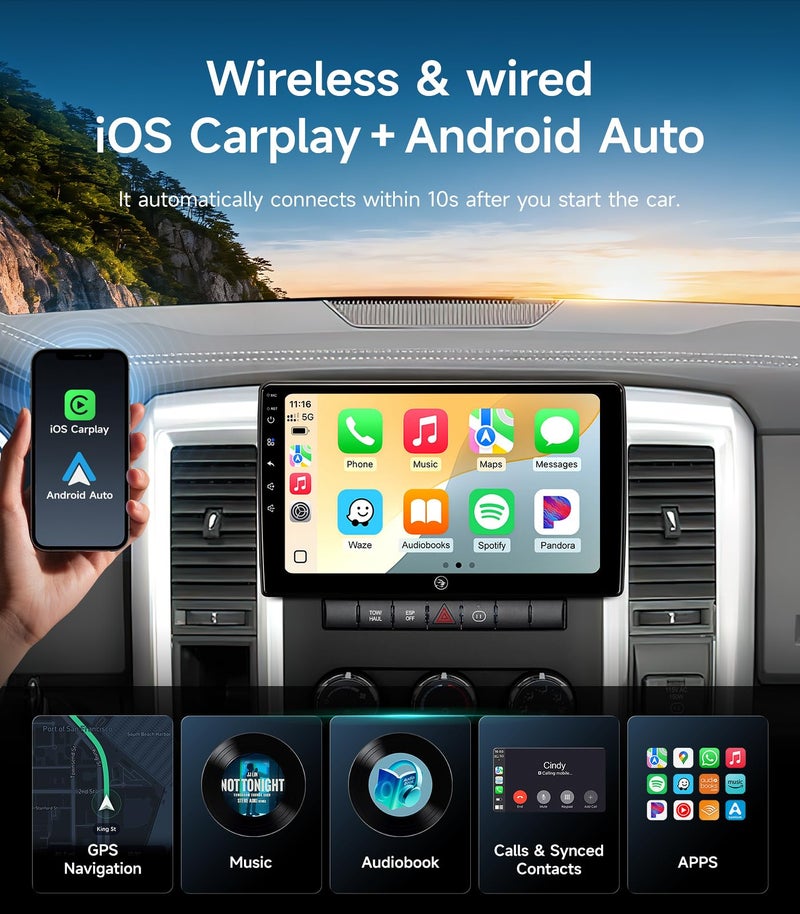 AINAVIGO 10.2inch Car Stereo Radio for Dodge Ram 1500 2500 3500 2009 2010 2011 2012 with Wireless carplay/Android auto/Touchscreen/Android13/FM/AMGPS Navigation/HD Backup Camera - Image 4
