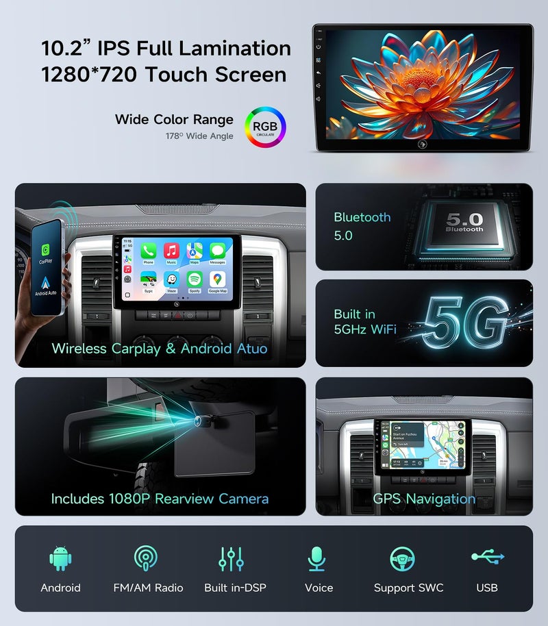 AINAVIGO 10.2inch Car Stereo Radio for Dodge Ram 1500 2500 3500 2009 2010 2011 2012 with Wireless carplay/Android auto/Touchscreen/Android13/FM/AMGPS Navigation/HD Backup Camera - Image 3