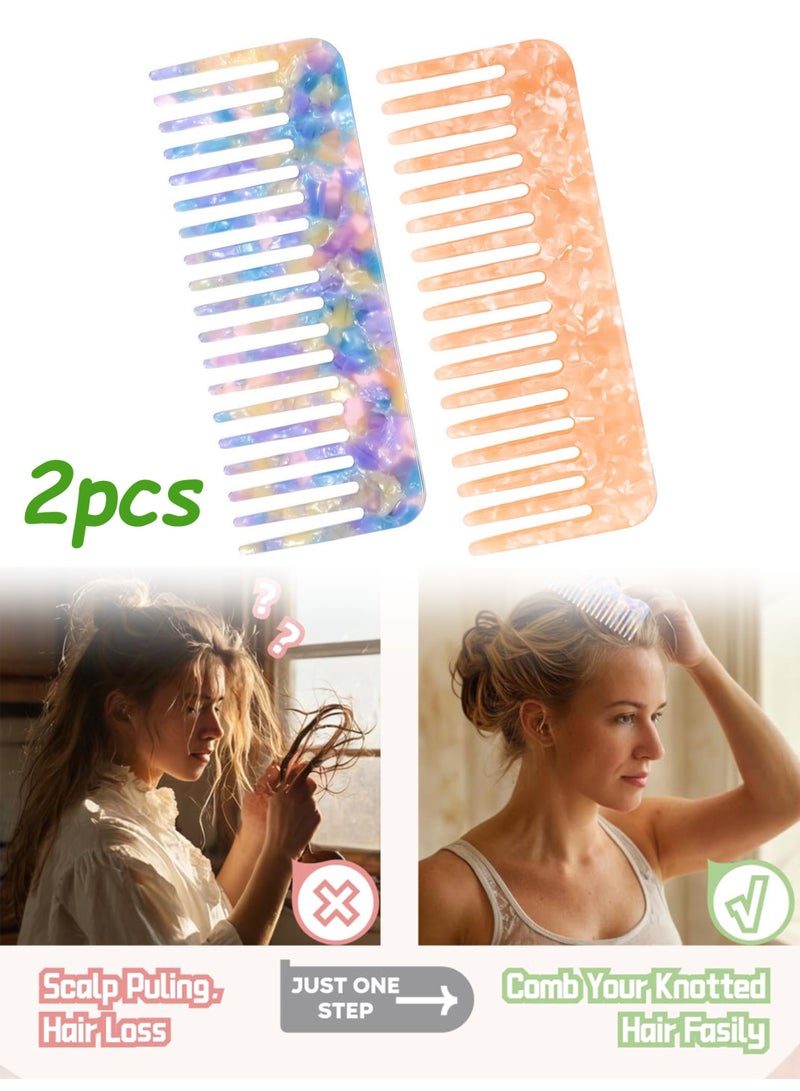 Hair Detangling Comb, 2 Pack Tortoise Shell Comb Acetate Wide Tooth Comb No Handle Styling Comb for Wet and Dry Hair Women's Thick Curly Wavy Hair - Image 1