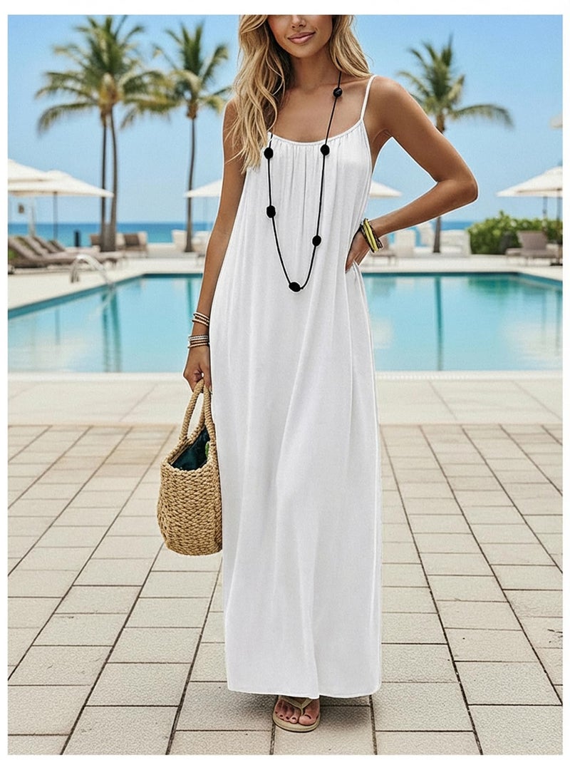 SHENHE Women's Open Back Spaghetti Strap Beach Maxi Dress Loose Flowy Vacation Sundress White X-Large - Image 4