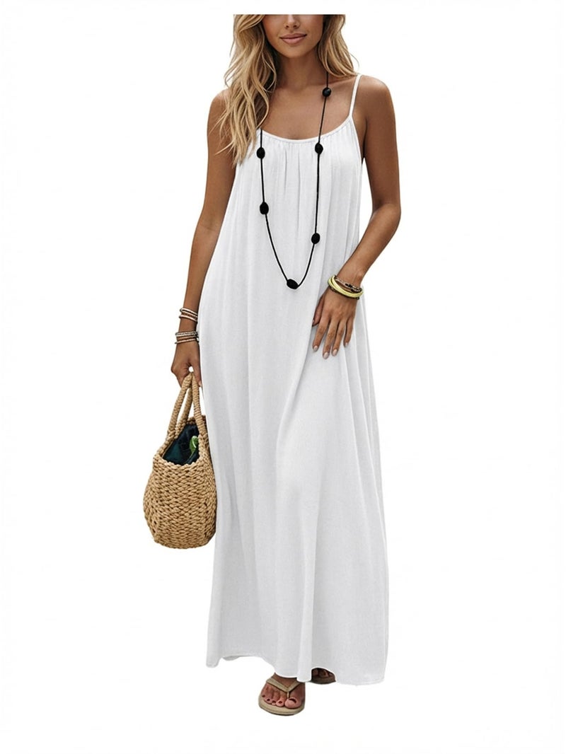 SHENHE Women's Open Back Spaghetti Strap Beach Maxi Dress Loose Flowy Vacation Sundress White X-Large - Image 1