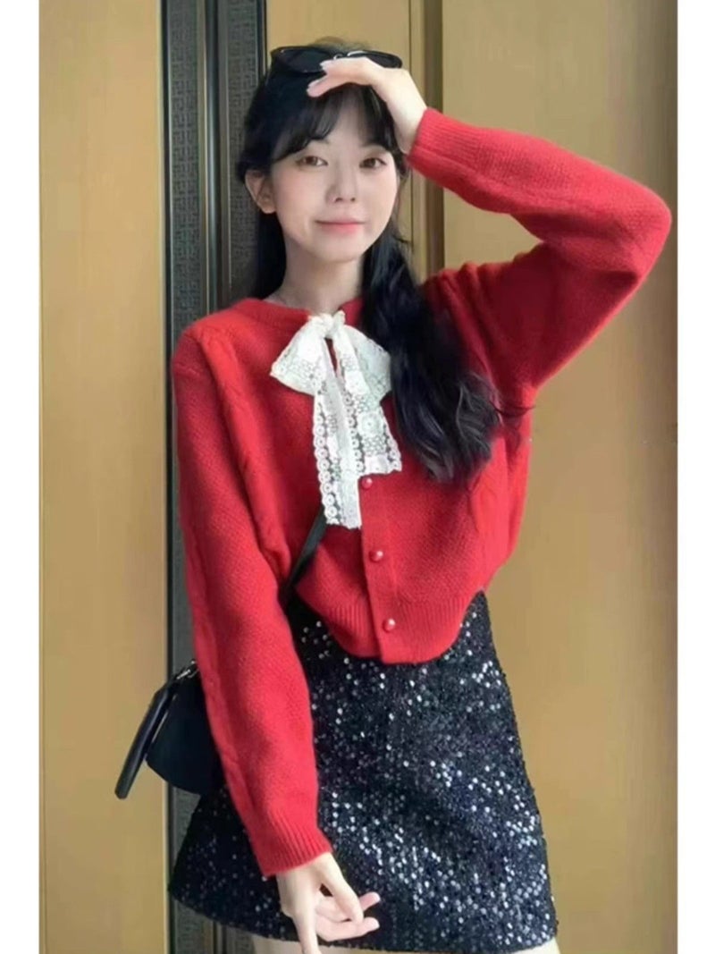 2024 Spice Girl Fashion Niche Sweater Lace Lace Knitted Cardigan Top Ins Women - Image 3