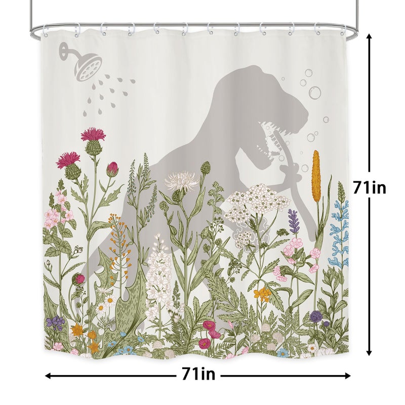 LGhtyro Wildflower Dinosaur Kids Shower Curtain Bathroom Set 71Wx71H Inches Funny Dino Silhouette Floral Rustic Plant Leaves Botanical Bath Accessories for Boys Art Home Decor Fabric 12 Pack Hooks - Image 5