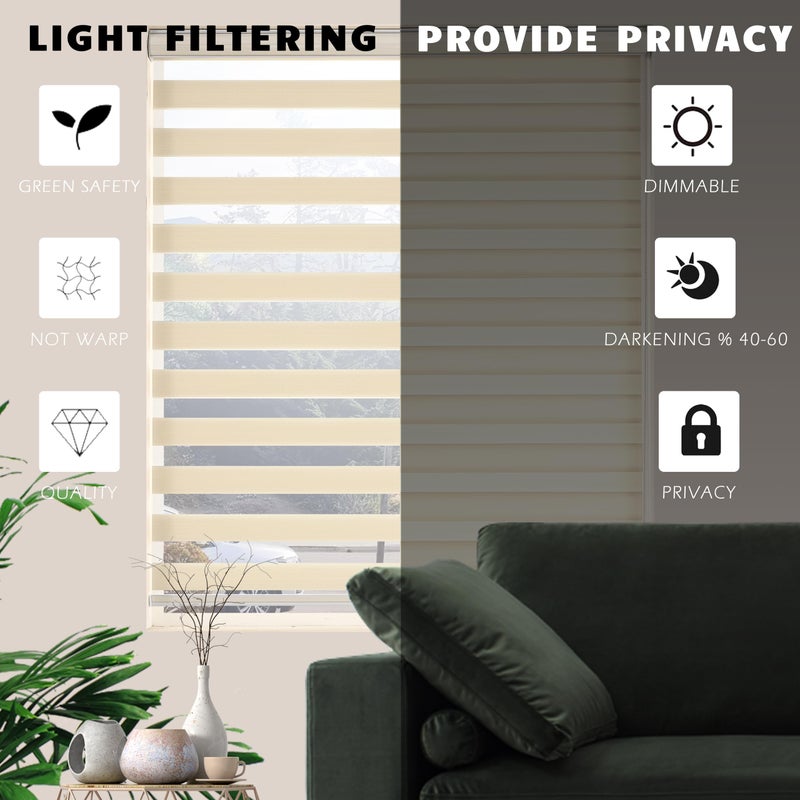 JIANGPIN TEXTILE Custom Zebra Blinds for Windows Light Filtering Dual-Layer Window Shades for Privacy Free-Stop Sheer Shades Roller Blinds for Indoor Windows(19" W X 72" H, Cream) - Image 3