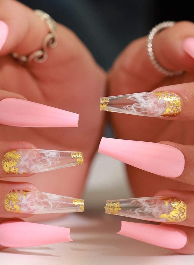 KASTWAVE Glossy Smoke Pattern Fake Nails Coffin Extra Long Press on Nails with Design Ballerina Acrylic Super Long False Nails Full Cover Artificial Nails 24Pcs (Pink)