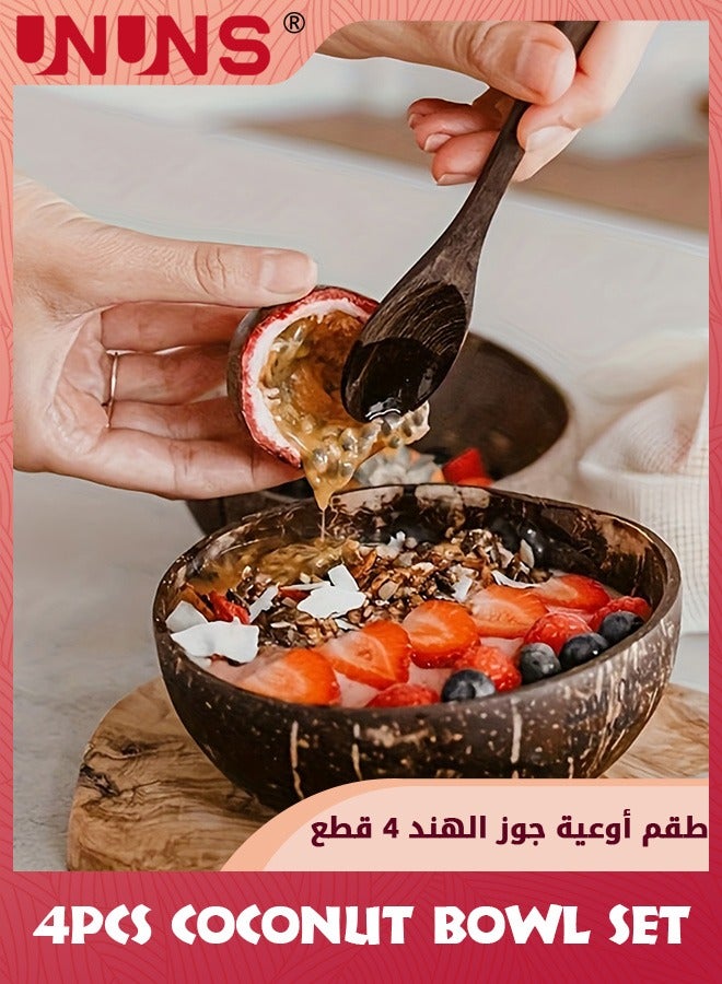 UNUNS Coconut Bowl And Wooden Spoons Set,Natural Coconut Shell Bowls Salad Bowls For Vegan Gifts Kitchen,Set Of 4 - Image 2