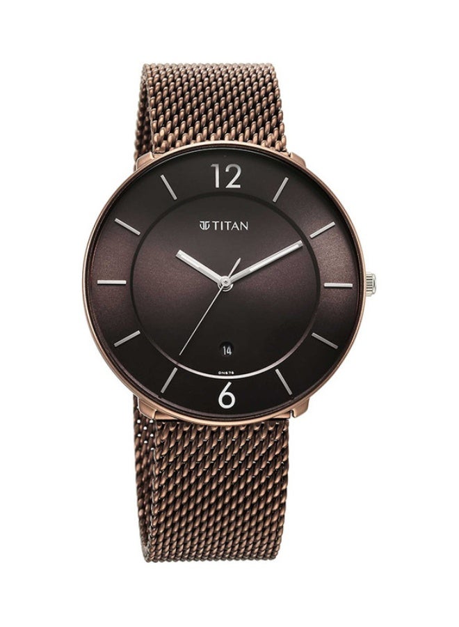 TITAN ساعة تيتان كلاسيك أنالوج بقرص دائري بني وحزام ستانلس ستيل بني للرجال-1849KM04 - Image 2