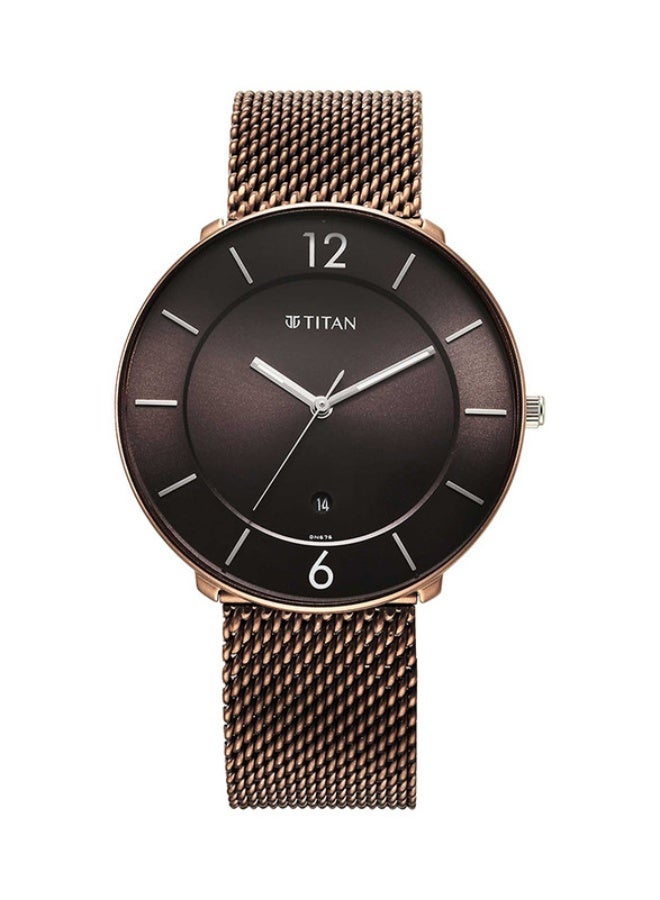 TITAN ساعة تيتان كلاسيك أنالوج بقرص دائري بني وحزام ستانلس ستيل بني للرجال-1849KM04 - Image 1