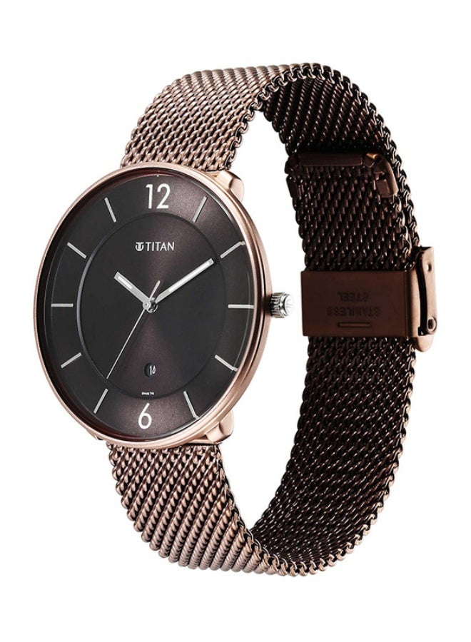 TITAN ساعة تيتان كلاسيك أنالوج بقرص دائري بني وحزام ستانلس ستيل بني للرجال-1849KM04 - Image 3
