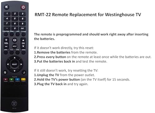 UBay Remote Control RMT-22 fit for Westinghouse LCD LED TV EW32S5UW UW32SC1W UW32S3PW EW39T6MZ UW39T7HW UW37SC1W UW40T8LW UW46T7HW UX28H1Y1 - Not for Fire TV - Image 2