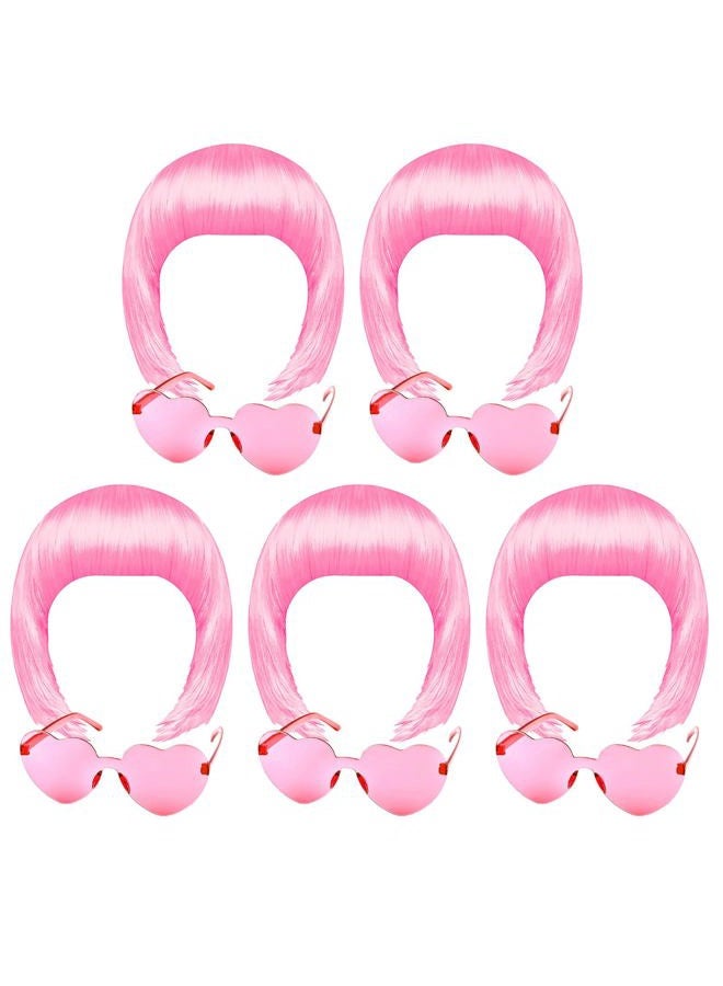 FEWOFJ 10 Pieces Pink Party Wigs and Sunglass Set, Pink Short Bob Wig Sunglass Pack Costume Colorful Cosplay Wig Daily Party Hairpieces for Bachelorette Neon Party Favors, Halloween and Decorations  - Image 1
