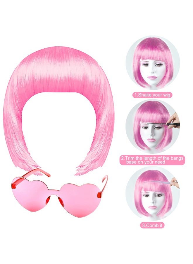 FEWOFJ 10 Pieces Pink Party Wigs and Sunglass Set, Pink Short Bob Wig Sunglass Pack Costume Colorful Cosplay Wig Daily Party Hairpieces for Bachelorette Neon Party Favors, Halloween and Decorations  - Image 3
