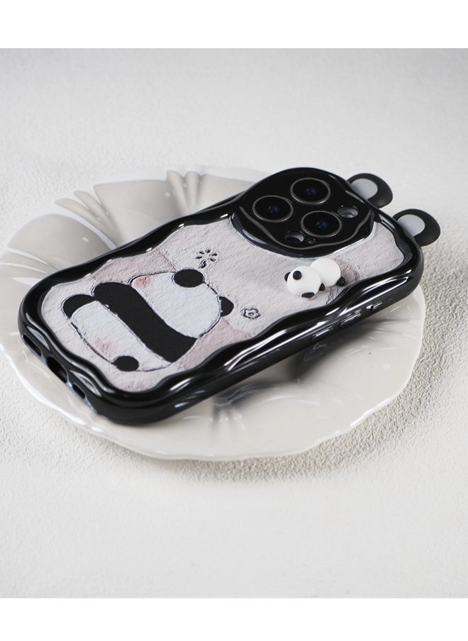 ShebSheb - Cute Panda iPhone 15 Pro Case Cartoon Animal 3D Ears Panda Wavy Edge Protector,Soft Silicone Back Phone Cover - Image 1